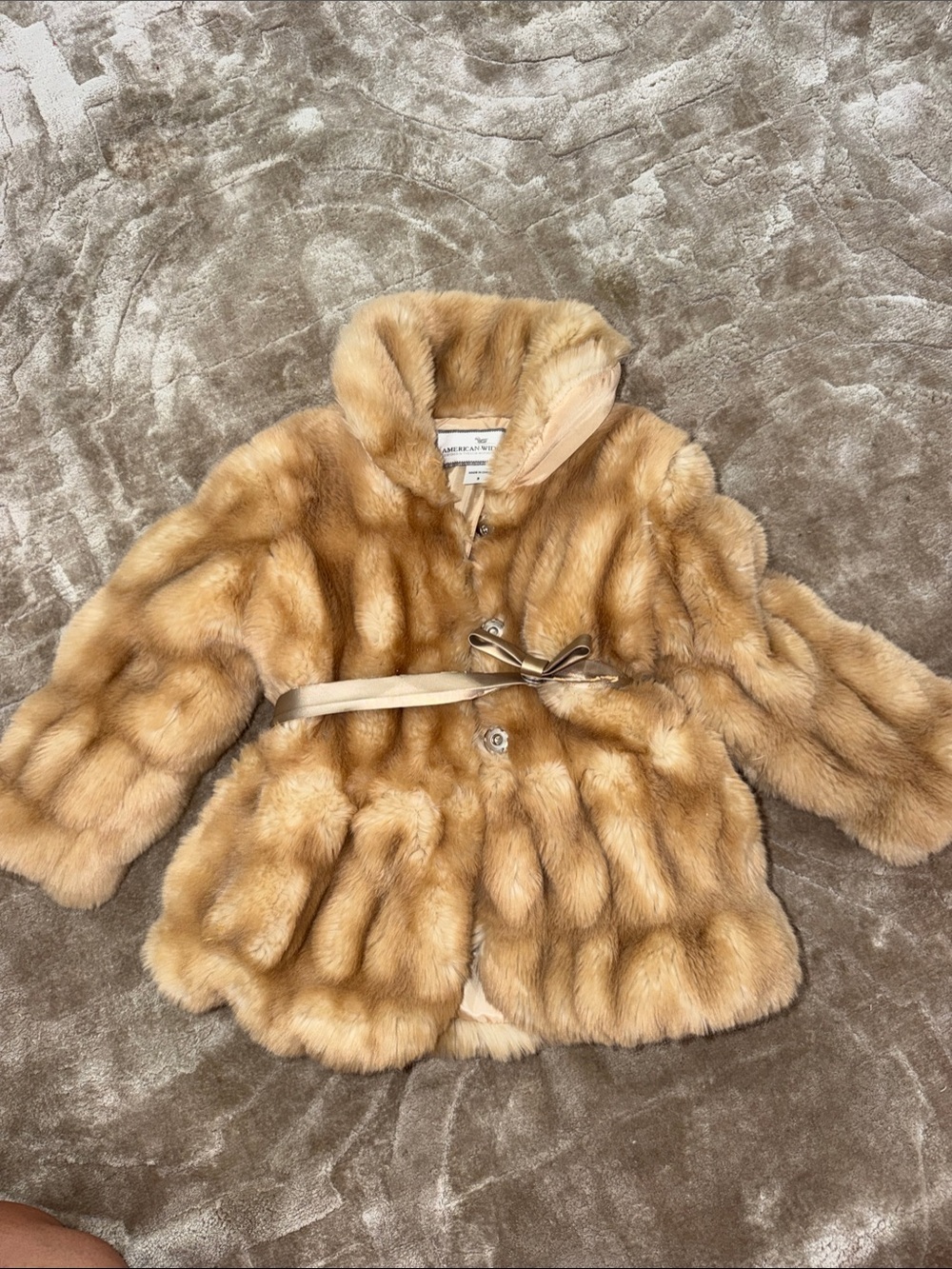 Kids Plush Faux Fur Pea Coat in Camel with Belt